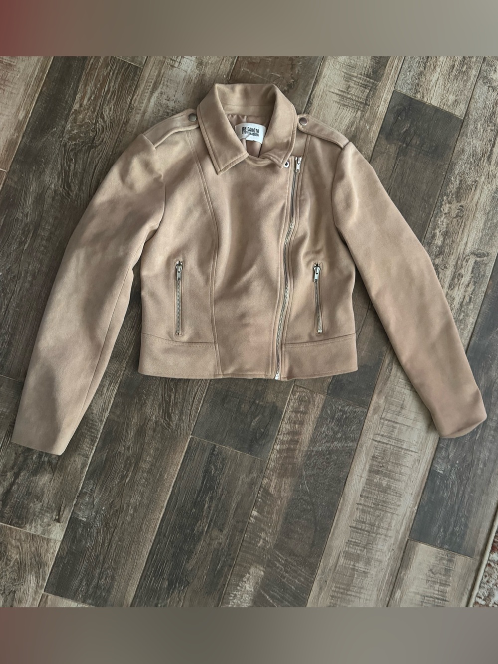 BB Dakota Steve Madden Blush Beige Suede-Look Moto Jacket with Silver Hardware